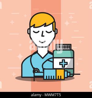 Medico medicamento bottiglia siringa mental health care illustrazione vettoriale Illustrazione Vettoriale