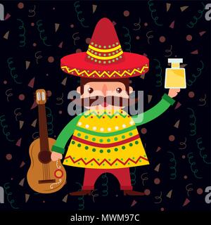 Uomo messicano con il cappello e il poncho holding tequila guitar illustrazione vettoriale Illustrazione Vettoriale