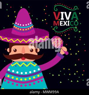 Uomo messicano con il cappello e il poncho tenendo le maracas sfondo scuro viva messico illustrazione vettoriale Illustrazione Vettoriale