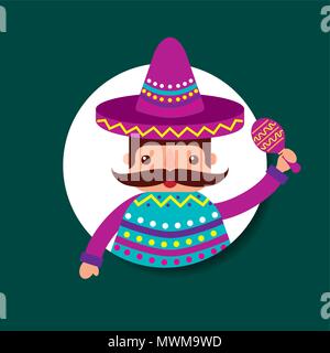 Uomo messicano i baffi con hat poncho tenendo le maracas illustrazione vettoriale Illustrazione Vettoriale