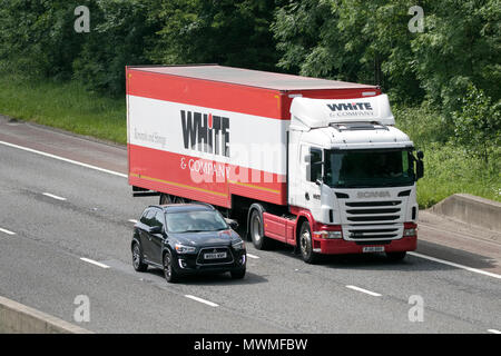 White & Azienda Traslochi e logistica di stoccaggio HGV camion autostrada M6 Foto Stock