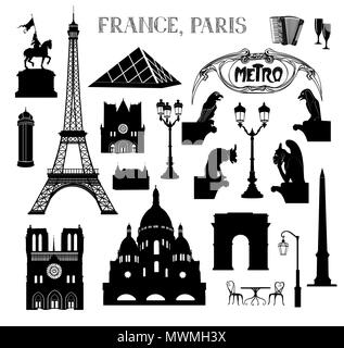 Viaggi Parigi icon set. Vacanze in Europa gli elementi di design. Il viaggio per visitare luoghi famosi della Francia sagome su sfondo bianco. Punto di riferimento legge Illustrazione Vettoriale