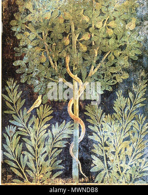 . Inglese: serpente in fig tree. Affresco romano (3°) di stile dalla Casa del frutteto (MI 9, 5) a Pompei. Deutsch: Schlange in Feigenbaum. Römisches Fresko (3. Stil) im Haus mit dem Obstgarten (MI 9, 5) a Pompei. Il 13 marzo 2009. WolfgangRieger 492 pompei - Casa del frutteto - Fig Tree Foto Stock