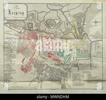 . Deutsch: Lipsia 1823. Gefalteter Stadtplan in [anonimi]: Gemälde von Leipzig und Umgebung a circuizione. Lipsia: J. C. Hinrichs 1823. Kupferstich Aquarellierter 35 x 41,5 cm Plattenrand. 1823, Foto 2. Novembre 2008. H.-P.Haack 366 Lipsia 1823 Foto Stock