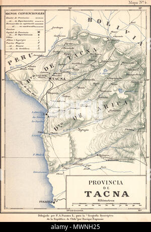 . Mapa de la Antigua Provincia chilena de Tacna, hacia 1895, que se dividía en los Departamentos de Tacna y Arica, attuali Provincia de Tacna y tarata, Departamento de Tacna (Perú) y Provincia de Arica y Parinacota, XV Región de Arica y Parinacota (Cile) . 1903. F. A. Fuentes 504 Provincia de Tacna-1895 Foto Stock