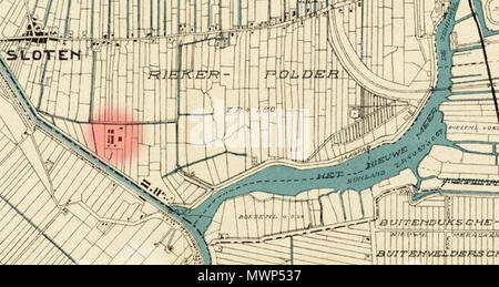 . Nederlands: Dettaglio van een kaart uit 1932 van het Hoogheemraadschap Amstel, Gooi en Vecht, met daarop het Nieuwe Meer en de Riekerpolder. De Drinkwatervoorziening è in het rood geaccentueerd. Il 23 gennaio 2015. Gooi Hoogheemraadsschap Amstel & Vecht 522 Riekerpolder1932-drinkwatervoorziening Foto Stock