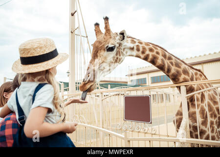 Padre e figlia piccola guardando giraffe reticolate in zoo Foto Stock