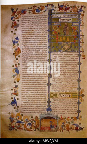 . Inglese: facsimile di una pagina con un titolo decorate-pannello di Sefer Ahavah (Libro di amore) dal secondo libro del Mishneh Torah. Spagna e Italia, XIV secolo. Questo è uno dei più riccamente decorate manoscritti della Mishneh Torah. In assenza di un colophon, si può dedurre dallo script che il manoscritto è stato copiato o in Spagna o in Francia meridionale nella prima metà del XIV secolo (in ogni caso, prima del 1351, quando il codice è stato venduto in Avignon). Lo scriba nome era probabilmente Isacco, dal momento che questo nome è decorata in diversi luoghi nel testo. Il manoscritto è stato illum Foto Stock