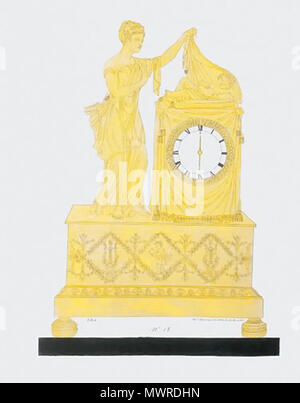 . Inglese: Acquarello e tempera su linea litografica, su cui la carta. Scritto: J. B. A. / Impie Lithographique de C Motte Rue des Marais No.13. Numerati: 18. Dimensioni: 64.8cm. da 47cm. Per essere eseguita in bronzo dorato; metallo argentato comporre; marmo nero piattaforma. La dea dell'alba, il suo dito sollevato all attenzione di silenzio, disegno torna a coverlet da un bambino di dormire su un plinto drappeggiato fronteggiata da orologio; il fregio con una studiosa bambino tra arpe. Aurora attività giornaliera era di portare il dio sole Helios (successivamente Apollo) nel cielo, annunciando il giorno. Ella è così un oggetto naturale per Foto Stock