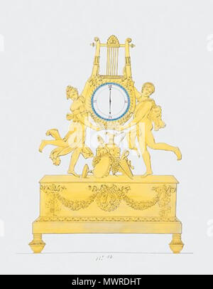 . Inglese: acquerello, gouache e penna e inchiostro su carta vergata. Numerati: 14. Dimensioni: 67.4cm. da 50,8 cm. Per essere eseguita in bronzo dorato; quadrante in smalto entro la banda del blu. Una danza Bacco e Bacchante visualizzando una lira contenente l'orologio al di sopra di un trofeo Bacchic, la blasonata del fregio con thyrsus e doppia tubazione motivi; su toupie (filatura in alto). Questo orologio sembra inizialmente caricato con puramente immaginario Bacchic, come satiri e Bacchantes formato il corteo di Bacco. In tal modo il trofeo include un Bacchante il tamburello, grappoli di uva e un ewer e bicchiere di vino per bere conviviale, considerando il ven Foto Stock