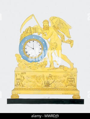 . Inglese: Acquarello e tempera su linea litografica, su cui la carta. Scritto: J. B. A. / Imprie Lithoque de C Motte rue des Marais Fg. San Gn. Numerati: 23. Dimensioni: 68cm. da 50,8 cm. Per essere eseguita in bronzo dorato e smalto blu; metallo argentato comporre; marmo nero piattaforma. Una figura di padre tempo con la sua falce, una clessidra e un serpente tra i suoi piedi, nell'atto di svuotamento di una cornucopia su una star-studded globe fronteggiato dal quadrante di orologio, in appoggio sulle nuvole; il fregio con motivi dall'iconografia del tempo, comprendente una colonna spezzata, un giovane e un vecchio padre tempo. Di tutti Foto Stock