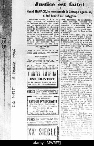 . Français : Coupure de presse du ufficiale Sud Ouest au sujet de l'exécution d'Henri Hanack le 8 février 1946 au matin, suite à sa condamnation à mort par la giustizia française. 9 febbraio 1946. Sud Ouest 580 Sudouest-9fev46 Foto Stock