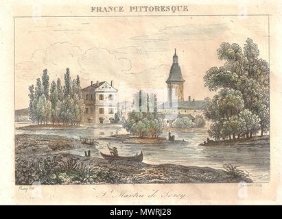 . Français : St Martin de Sorcy - Illustrazione extraite de France pittoresco ou description e pittoresco, topographique et Statistique des Départements et colonie de la France par Abel Hugo (1798-1855), Delloye, éditeur, Parigi 1835 - Gravure sur acier dessinée par Fleury, gravée par Desaulx, aquarellée à la principale. 1835. Edouard Fleury (1815-1883) dessinateur, Deseaulx sculpteur 538 Saint Martin de Sorcy - Illustrazione - Francia pittoresco Foto Stock