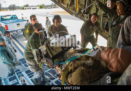 La simulazione di una paziente in condizioni critiche è caricato su un C-130 Hercules aeromobili di Youngstown riserva d'aria, Ohio dagli aviatori con l'Istituto di medicina aeronautica 433rd squadrone di evacuazione durante l'esercizio Patriot gancio Aprile 28, 2017 a Vandenberg Air Force Base in California. Patriot gancio è un misto annuale di esercizio del servizio coordinato dalla Air Force Riserva, progettate per integrare i militari e i soccorritori di federali, statali e degli enti locali fornendo formazione di mobilitare rapidamente e distribuire in aerei militari in caso di un'emergenza o di catastrofe naturale. Foto Stock