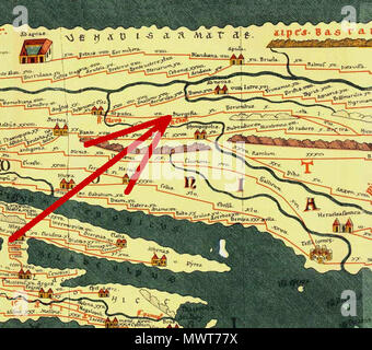 . Inglese: intaglio dalla Tabula Peutingeriana, 1-4secolo CE. Edizione Facsimile da Conradi Millieri, 1887/1888; la freccia rossa mostra Tabula Peutingeriana posti nella moderna Bulgaria; sulla mappa: Storgosia; nella moderna Bulgaria: villaggio Pleven Deutsch: Ausschnitt aus der Tabula Peutingeriana; Orte und Stationen auf der Tabula Peutingeriana im heutigen Bulgarien; der rote Pfeil auf der Karte zeigt: Storgosia; im heutigen Bulgarien: Dorf Plewen Български: Изрез от Пойтингеровата карта; Места на Пойтингеровата карта намиращи се в днешна България; червенате стрела на картата показва: Storgosia; в днешн Foto Stock