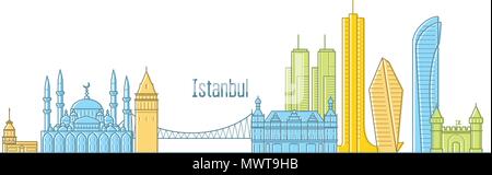 Istanbul cityscape - punti di riferimento e attrazioni turistiche di Istanbul in linea tecnica Illustrazione Vettoriale