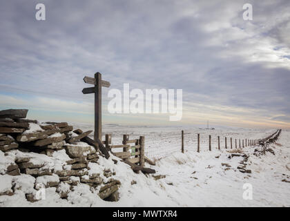 Cerca in tutta coperta di neve campi nel distretto di picco per il gatto e Fiddle Inn nel picco bianco, Cheshire, Inghilterra, Regno Unito, Europa Foto Stock