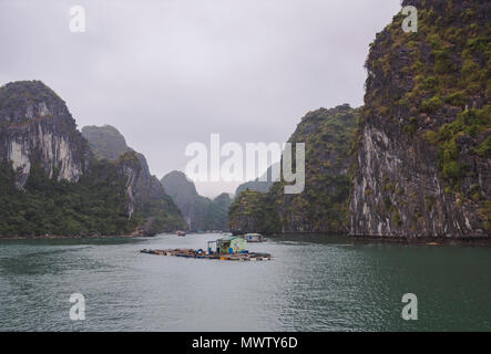 Floating villaggio di pescatori nella Lan Ha Bay, Cat Ba Island, un tipico paesaggio carsico in Vietnam, Indocina, Asia sud-orientale, Asia Foto Stock