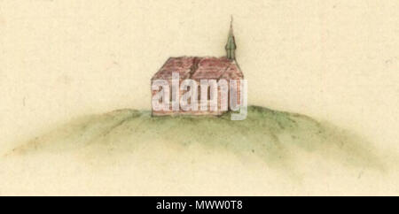 . Nederlands: De als gevolg van de Kerstvloed van 1717 zwaar vervallen kerk van Wierhuizen op de kaart van Henricus Teijsinga uit 1730. Il 28 ottobre 1730. Henricus Teijsinga 589 Teijsinga - kerk van Wierhuizen Foto Stock
