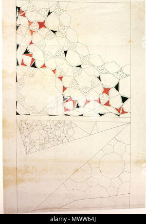 . Inglese: Pannello dal Topkapi scorrere. Fondo frammento vault con black-poligonale tratteggiate le linee della griglia, triangolare un ventesimo unità di ripetizione di un decagonale vault e a forma di ventaglio muqarnas radiale trimestre archivio. Türkçe: Topkapı Parşömeni'nden bir pannello. Altta, kubbe parçası: içi siyah noktalı poligonlar ve ongen kubbenin yirmidebiri, üçgen şekilli tekrarlı birim. Üstte, yelpaze şekilli ışınsal mukarnas çeyrek kubbe. Il 16 dicembre 2011. Autore sconosciuto di xv secolo Topkapi scorrere. 611 Topkapi scorrere P289 Foto Stock