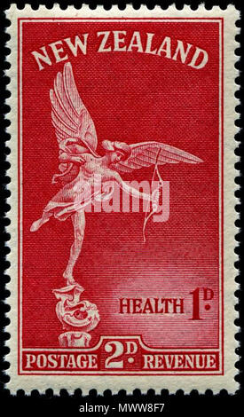 . Inglese: Nuova Zelanda francobollo raffigurante Anteros (uno dei erotes) da una scultura che sormonta il Shaftesbury Memorial fountain a Londra. Progettato da James Berry e stampati da Waterlow & Sons Ltd, e rilasciato dalla Nuova Zelanda il 1 ottobre 1947. 1 ottobre 1947. Waterlow and Sons Ltd 13 1947 NZ Salute francobollo rosso Foto Stock
