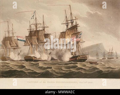 . Inglese: una incisione di un dipinto raffigurante la cattura della fregata olandese Maria Riggersbergen da HMS Caroline off Batavia, Java in ottobre 1806. 1 gennaio 1817. Thomas Whitcombe & Thomas Sutherland 112 cattura di Maria Riggersbergen Foto Stock