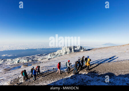 Gli alpinisti in prossimità del vertice e ritirando ghiacciaio del Monte Kilimanjaro, Parco Nazionale del Kilimanjaro, l'UNESCO, Tanzania, Africa orientale, Africa Foto Stock