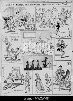 . 1916 cartoon satirizing fad per ukuleles e musica Hawaiiana. "Ukulele Square, il quartiere di Hawaiian di New York". Il 5 novembre 1916. Louis M. Glackens 620 Ukulele Craze 1916 Glackens Foto Stock