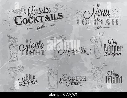 Set di menu di cocktail in stile vintage disegno stilizzato in carboncino su uno sfondo grigio, Mojito cocktail con illustrato il blue lagoon margarita Sc Illustrazione Vettoriale