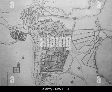 . Inglese: Mappa di Tbilisi, capitale della Georgia tratte dal funzionario russo Alexander Stepanovic Pishchevich (1764-1820) nel Forte di San Giorgio in corrispondenza della linea del Caucaso nel 1785. Esso è stato pubblicato per la prima volta dalla Imperial Odessa Società per storia e antichità nel 1902. ქართული: პიშჩევიჩის მიერ შედგენილი გეგმა ქ. თბილისისა, 1785 წ. განმარტება: 1. წყალთან მდებარე კარი სახელწოდებით წყლისკარი; 2. საქართველოს პატრიარქის სახლი; 3. საპატრიარქო ტაძარი; 4. ქართული ეკლესია ანჩისხატი; 5. ქართული ეკლესია წმინდა გიორგისა; 6. სამლოცველო მეფე ერეკლესი; 7. სამეფო კარი და მეფის რეზიდენცია; 8. ოჯახი სამეფო Foto Stock