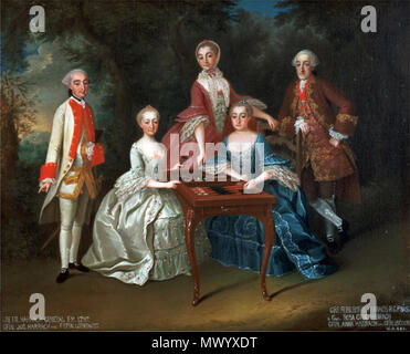 . Inglese: ritratto di gruppo della famiglia Harrach giocare a backgammon. Il rappresentate sono da sinistra: Conteggio Franz Xaver Harrach (1732-1781), la Contessa Maria Josephina Harrach, vedovo Pss Liechtenstein, sposato Css Lobkowicz (1727-1788), la Contessa Maria Rosa Harrach, sposato Harrach Css (1721-1785), la Contessa Maria Anna Harrach, sposato Css Lodron (1725-1780) e il conte Ferdinando Bonaventura II. Anton Harrach (1708-1778). circa 1755. Johann Wilhelm Hoffnas (1727-1795) nomi alternativi Johann Wilhelm Hofnas, Johann Wilhelm Hofnaas, Johann Wilhelm Hoffnaass, Johann Wilhelmm Hofnass, Johann Wil Foto Stock