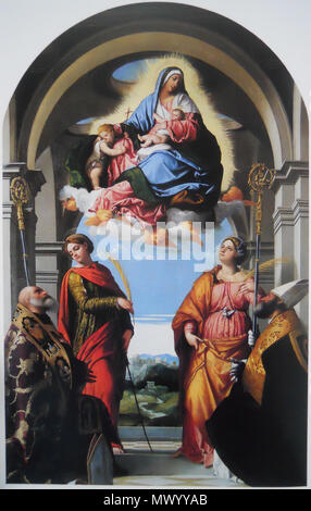 . Madonna con il bambino e i santi . Italiano: Madonna col Bambino e San Giovanni Battista fanciullo in gloria con i santi Benedetto, Paterio, Eufemia e Giustina (Moretto) . 1526. RobyBS89 386 Madonna col Bambino e San Giovanni Battista fanciullo in gloria con i santi Benedetto, Paterio, Eufemia e Giustina Foto Stock