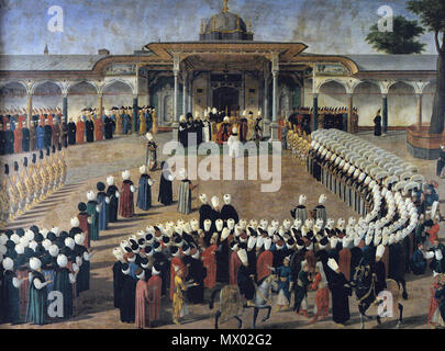 . Sultan Selim III tenendo un pubblico davanti al cancello della felicità. Cortigiani sono assemblati in un protocollo rigoroso. Olio su tela. Topkapı Sarayı Müzesi, Istanbul (Inv. 17/163) . Il 13 maggio 2011, 22:57 (UTC). Konstantin Kapidagli 001.jpg: Konstantin Kapıdağlı lavoro derivato: Isl@m (PARLA) 461 Ottoman Sultan Selim III (1789) Foto Stock