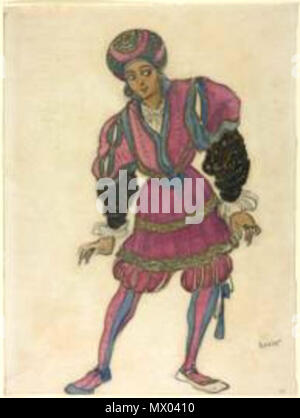 . Эскиз костюма для постановки 'Легенды Иосифа' Рихарда Штрауса. 1914 Costume Design per la Legende de Giuseppe, 1914/24 acquerello, con grafite, vernice metallica e gouache su avorio carta vergata, stabilite su bianco carta giapponese 322 x 241 mm Sidney A. Kent fondo, 1920.2532 . 1914. Leon Bakst 326 Josephslegende L.Bakst 05 Foto Stock