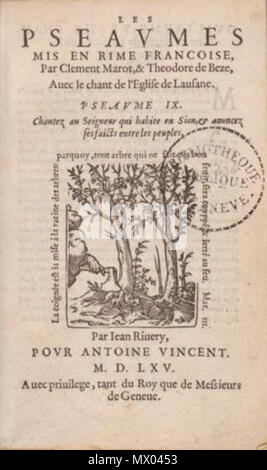 . Français : Pagina de titre des Psaumes de Marot et Bèze à l'usage de Lausanne (1565) . Il 26 agosto 2015. Jean Rivery imprimeur, (1565) 505 Psaumes Lausanne 1565 Foto Stock