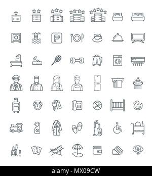 Servizi di Hotel vettore icone profilo impostato. Semplice lineare pittogrammi. Isolato su bianco. Linea sottile di simboli per la scelta di un appartamento. Servizi diversi Illustrazione Vettoriale