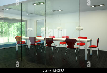 Sala da pranzo moderna interior design grande tavolo dietro glas Foto Stock