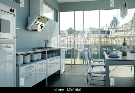 Bianco cucina moderna in un loft con un bellissimo design Foto Stock