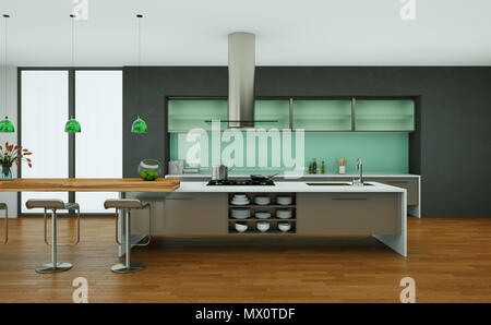 Cucina moderna in un loft con pareti grigie Foto Stock