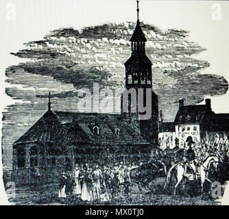 Montréal vers 1790. L'ancienne église Notre Dame et la Place d'Armes. Tiré de l'ouvrage de Alfred Sandham: Montreal e le sue fortificazioni. 424 Montréal vers 1790. L'ancienne église Notre Dame et la Place d'Armes. Foto Stock