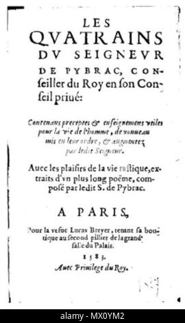 . Français : Pagina de titre des Quatrains de Pibrac, 1583. 1583. Guy Du Faur de Bibrac 482 Pibrac 1583 Foto Stock