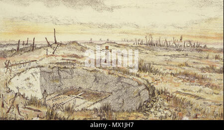 . Inglese: Questo disegno illustra un memoriale al fondo di un cratere di shell per soldati caduti della seconda divisione Canadese durante la Battaglia di Vimy Ridge. . 11 febbraio 2012, 17:24 (UTC). Un cimitero sulla cresta di Vimy - Federico Thwaites Bush.jpg: F. T. Bush lavoro derivato: Hchc2009 (PARLA) 19 un cimitero sulla cresta di Vimy - dettaglio Foto Stock