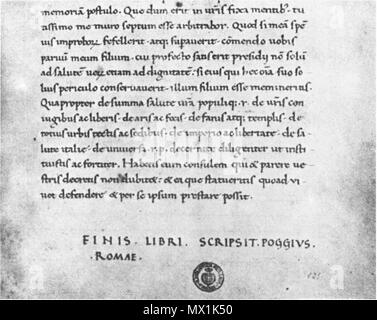 . Inglese: Cicero, fine della quarta orazione Catiliniarian, in un manoscritto di Poggio Bracciolini. Firenze, Biblioteca Medicea Laurenziana Plut. 48,22, fol. 121r. Deutsch: Cicero, Ende der vierten Catilinarischen Rede in einer von Poggio Bracciolini geschriebenen Handschrift. Florenz, Biblioteca Medicea Laurenziana Plut. 48,22, fol. 121r. 1425. Cicero 131 Cicerone, Catiline orazioni, Firenze, Plut. 48,22 Foto Stock