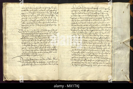 . Deutsch: Rezess von Wien: Vertrag vom 25. Oktober 1535 zwischen Fürsterzbistum dem Salzburg und den Habsburgern als Herrschern im damaligen Österreich über die Souveränitätsrechte Salzburgs in seinen Exklaven in Innerösterreich. Die Nummer im Dateinamen bezeichnet die Rechte Seite (Vorderseite des Blattes dieser Nummer, die linke Seite gehört zum vorangehenden Blatt (Rückseite dieses Blattes) . Il 19 giugno 2012. beauftragtes Scanunternehmen 519 Rezess von Wien 1535 23 Foto Stock