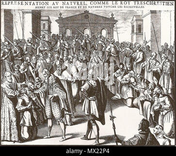 . Français : Gravure de Pierre Firens, extraite de l'ouvrage d'André du Laurens, A. de Laurentis strumis earum causis et curae (Parigi, 1609). Henri IV est représenté touchant les écrouelles (ancien français escrouelles), exercant son pouvoir de thaumaturgie, En vue de légitimer sa souveraineté. Inglese: Henri IV toccando per scrofola . Questo file è privo di informazioni sull'autore. 272 Henri IV touche les escrouelles Foto Stock