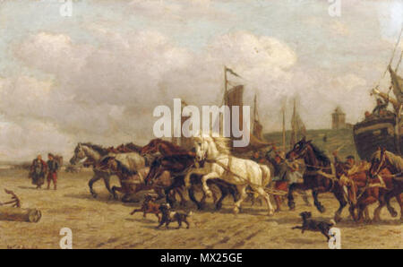 . Nederlands: Paarden trekken bomschuit op het strand van Scheveningen . Xix secolo. Willem Carel Nakken (1835-1926) 462 Paarden trekken bomschuit Scheveningen Willem Carel Nakken Foto Stock