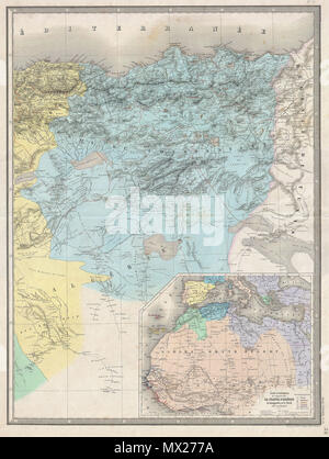 . Untitled. Inglese: estremamente interessante e proporzionata monumentally 1857 mappa di Costantino, Algeria dal cartografo Francese A. H. Dufour. Mostra strade e fiumi, rotte carovaniere, città e elementi topografici. Un grande riquadro nel quadrante inferiore destro dettagli aziende europee in Nord Africa. Preparato da Charles Dyonnet come piastra n. 44 (numerati in modo alternato 21 e 28) in A. H. Dufour nel 1857 rilasciato della impressionante elephant folio Atlas Universel . . 1857 (non datato) 8 1857 Dufour Map di Costantino, Algeria - Geographicus - Costantino-dufour-1847 Foto Stock