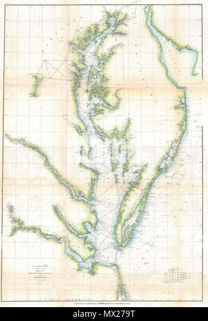 . Stati Uniti Sondaggio sulla costa di schizzo C che mostra il progresso del sondaggio nella sezione n. III dal 1843 al 1857. Inglese: una bella triangolazione preliminare grafico della Chesapeake Bay area pubblicato nel 1857 per gli Stati Uniti Coast Survey Report. Copre dall'ingresso della baia di Cape Henry verso nord per l'ingresso al fiume Susquehanna. Si estende a est fino a coprire il Delaware Costa Atlantica e baia del Delaware. Si estende verso ovest per quanto Richmond, Virginia e il Distretto di Columbia. Una spettacolare mappa regionale. . 1857 (datato) 9 1857 U.S. Sondaggio sulla costa Mappa della baia di Chesapeake - Geographicus - Ches Foto Stock