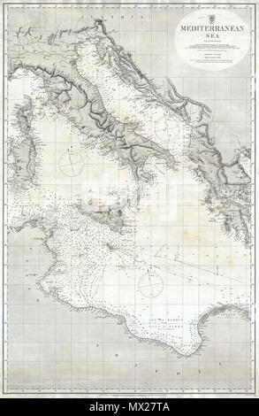 . Mare Mediterraneo da recenti studi. Inglese: una rara ed estremamente attraente mappa nautiche del Mare Mediterraneo centrale rilasciato nel 1868 dall'Ammiragliato inglese. Copre dalla Corsica, Sardegna e Tunisia passato verso est in Italia e in Sicilia per il dettaglio della Grecia e della Costa Adriatica. Si estende a sud per quanto riguarda il golfo di sidra. Entrambe le caratteristiche nautiche ed entroterra dettaglio rilevando entrambi elementi topografici e migliaia di scandagli di profondità (in braccia). Importanti porti, Isola e punti di navigazione sono attentamente osservato. Admiralty Chart n. 2718b. Incisi da J & C Walker per il British Admira Foto Stock