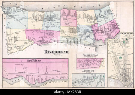 . Riverhead Suffolk Co. Inglese: questa scarsa grandi e colorati a mano la mappa mostra la città di Riverhead, Long Island, New York. La mappa mostra la popolosa città e paesi circostanti Riverhead, compresi Franlkinville, Aquebogue, Jamesport, Wading River, Baiting cava, Northville e Calverton. Include istruzioni dettagliate inset di Franklinville, Jamesport e Aquebogue. Southampton si trova a sud. Lo straordinario dettaglio di questa mappa, giù per le singole famiglie con i cognomi, ne fanno un affascinante studio per la famiglia ricercatore o storico. . 1873 (non datato) 10 1873 birre Mappa di Riverhead, S Foto Stock